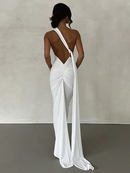 Elegant One Shoulder Slim Bodycon Backless Nightclub Sexy Summer Maxi Dress