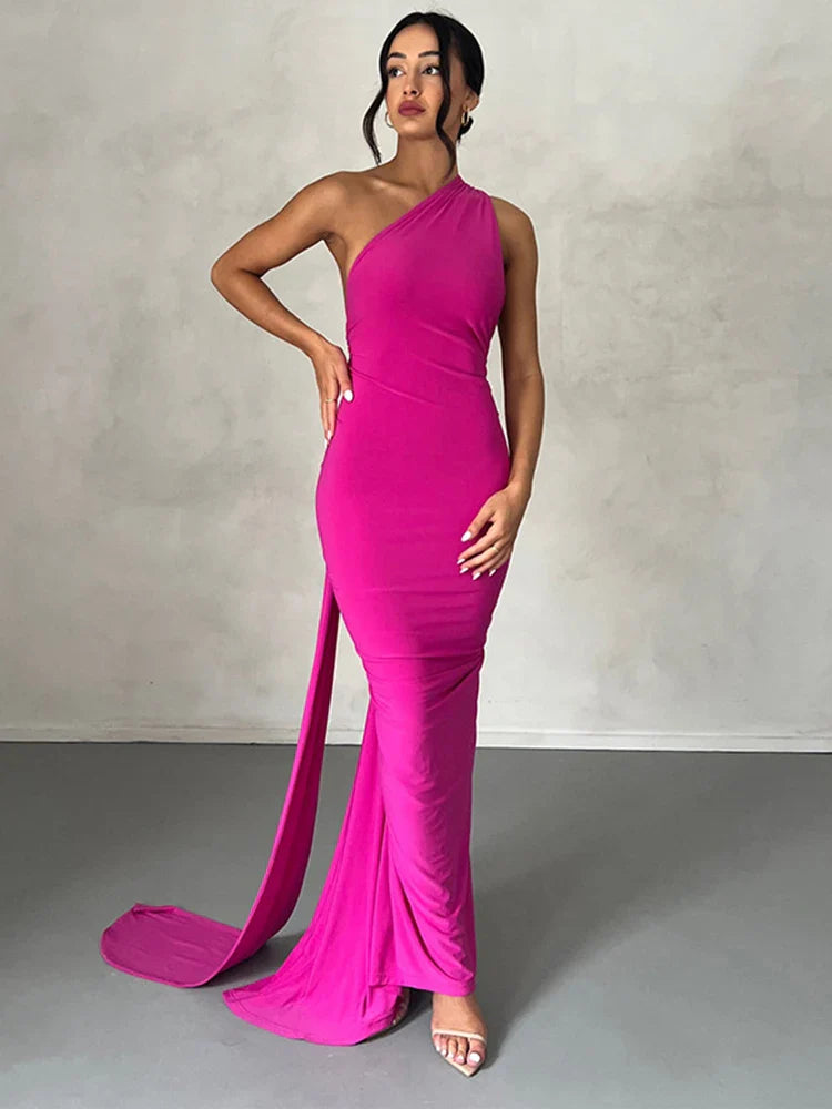 Elegant One Shoulder Slim Bodycon Backless Nightclub Sexy Summer Maxi Dress