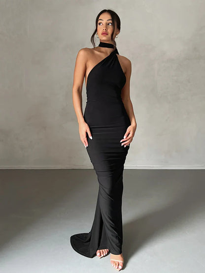 Elegant One Shoulder Slim Bodycon Backless Nightclub Sexy Summer Maxi Dress