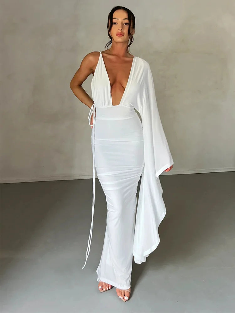 Elegant Long One Shoulder V Neck Backless Nightclub Sexy Summer Maxi Dress