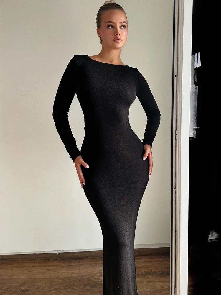 Elegant Long Slim Bodycon Backless Nightclub Sexy Autumn Winter Maxi Dress