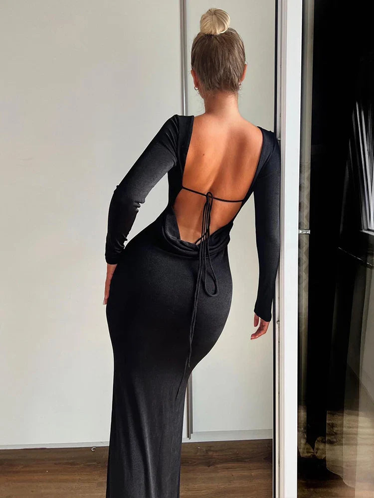 Elegant Long Slim Bodycon Backless Nightclub Sexy Autumn Winter Maxi Dress