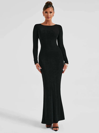 Elegant Long Slim Bodycon Backless Nightclub Sexy Autumn Winter Maxi Dress