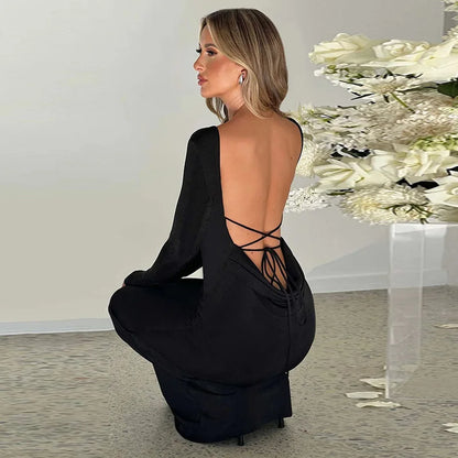 Elegant Long Slim Bodycon Backless Nightclub Sexy Autumn Winter Maxi Dress