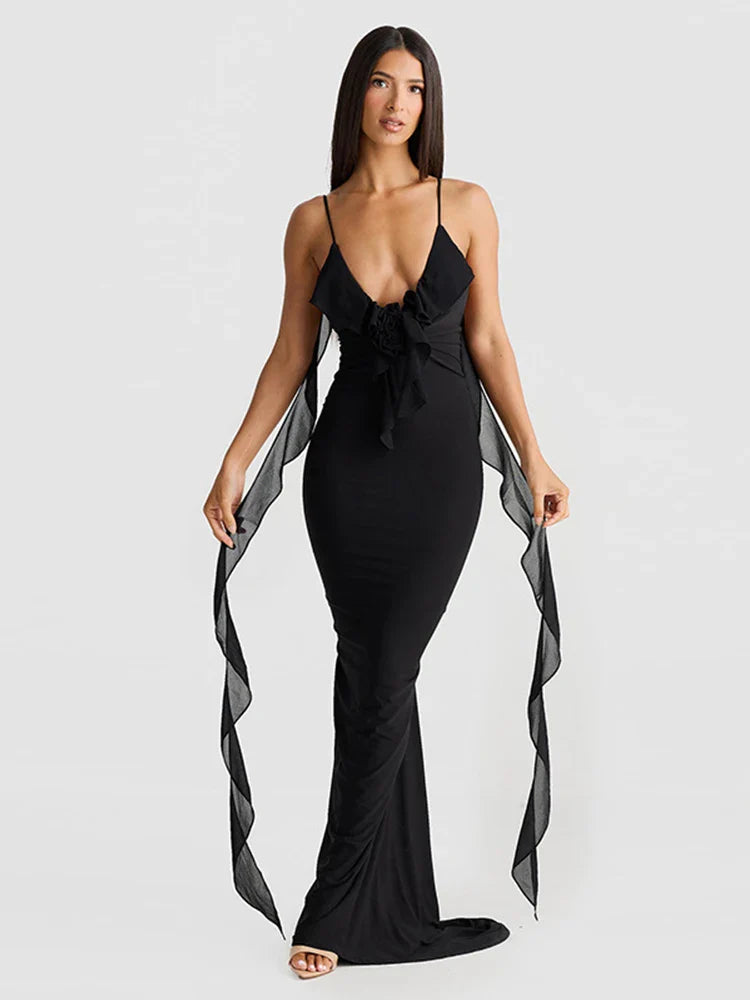 Elegant Long Mermaid Spaghetti Strap Backless V Neck Spring Summer Maxi Dress