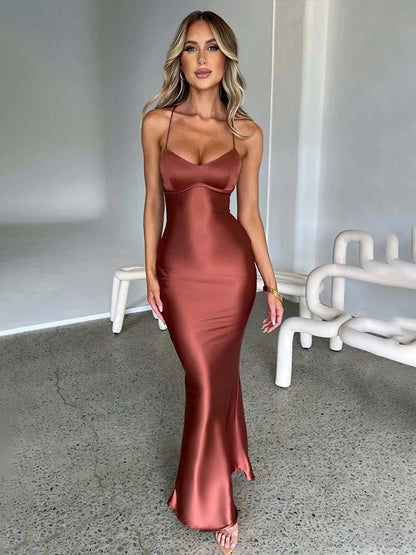 Elegant Long Bodycon Spaghetti Strap Backless Sexy Spring Summer Maxi Dress