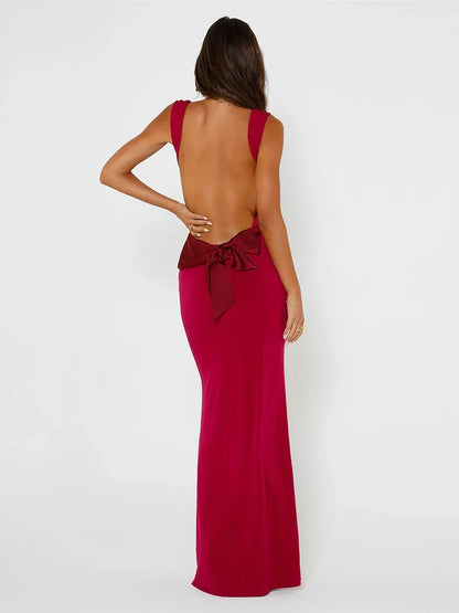 Elegant Long Slim Bodycon Spaghetti Strap Bow Backless Spring Summer Maxi Dress