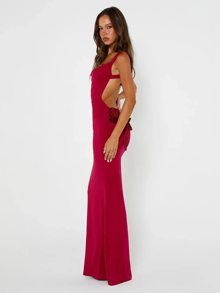 Elegant Long Slim Bodycon Spaghetti Strap Bow Backless Spring Summer Maxi Dress