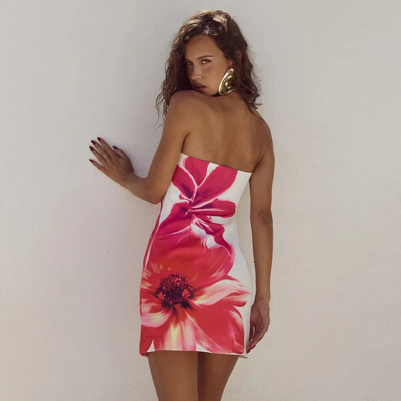 Flower Print Slim Spaghetti Strap Spring Summer Backless Sexy Party Mini Dress