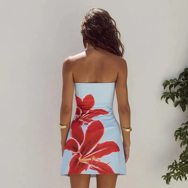 Flower Print Slim Spaghetti Strap Spring Summer Backless Sexy Party Mini Dress