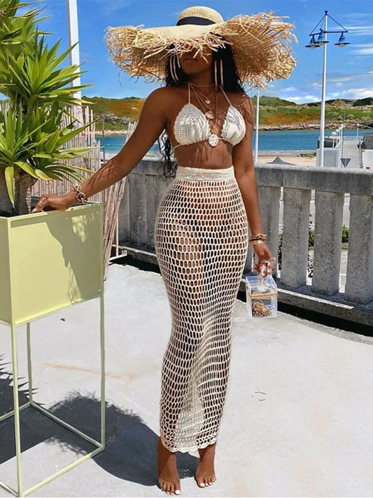 Hollow Out Bandage Spaghetti Strap Top Long Skirt Beach Summer 2 Piece Dress