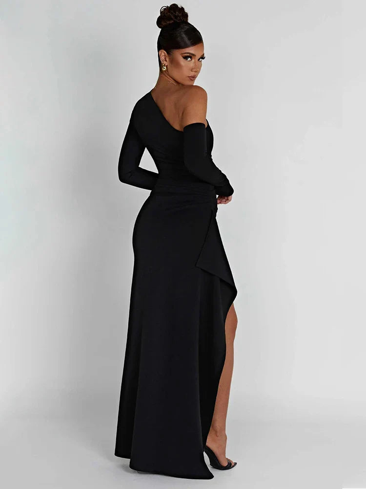 Inclined Shoulder Long High Split Slim Bodycon Sexy Autumn Winter Maxi Dress