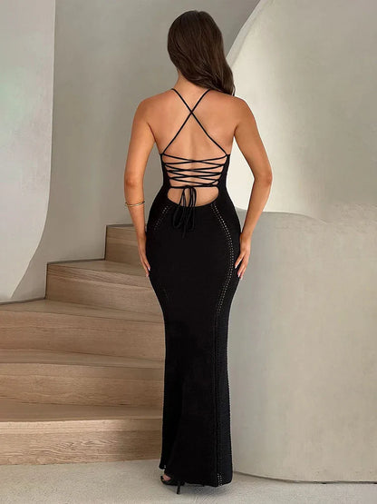 Knitted Bodycon Spaghetti Strap Backless Nightclub Sexy Spring Summer Maxi Dress