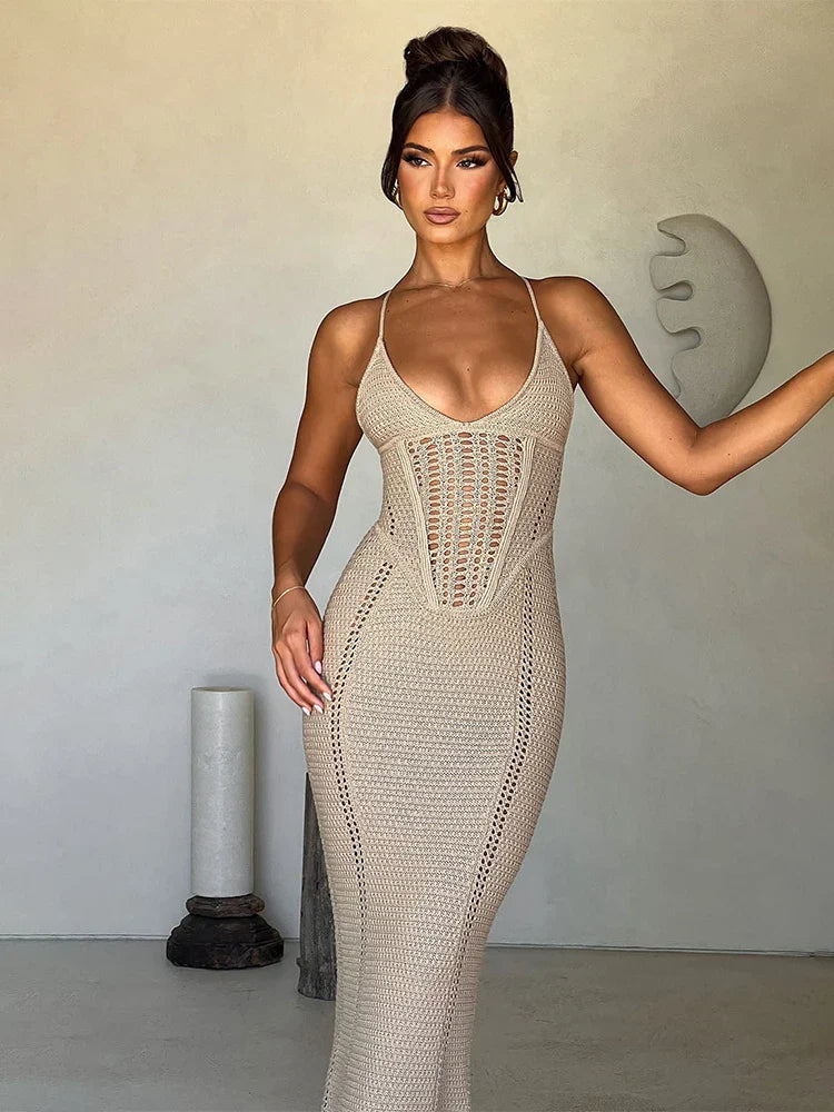 Knitted Bodycon Spaghetti Strap Backless Nightclub Sexy Spring Summer Maxi Dress