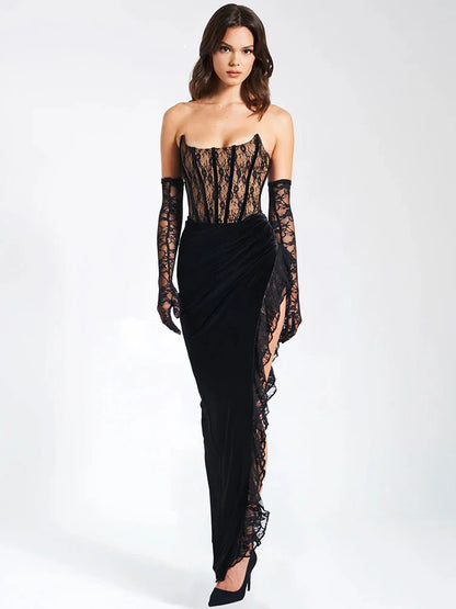 Lace Velvet Patchwork Long Summer High Split Backless Nightclub Sexy Midi Dress