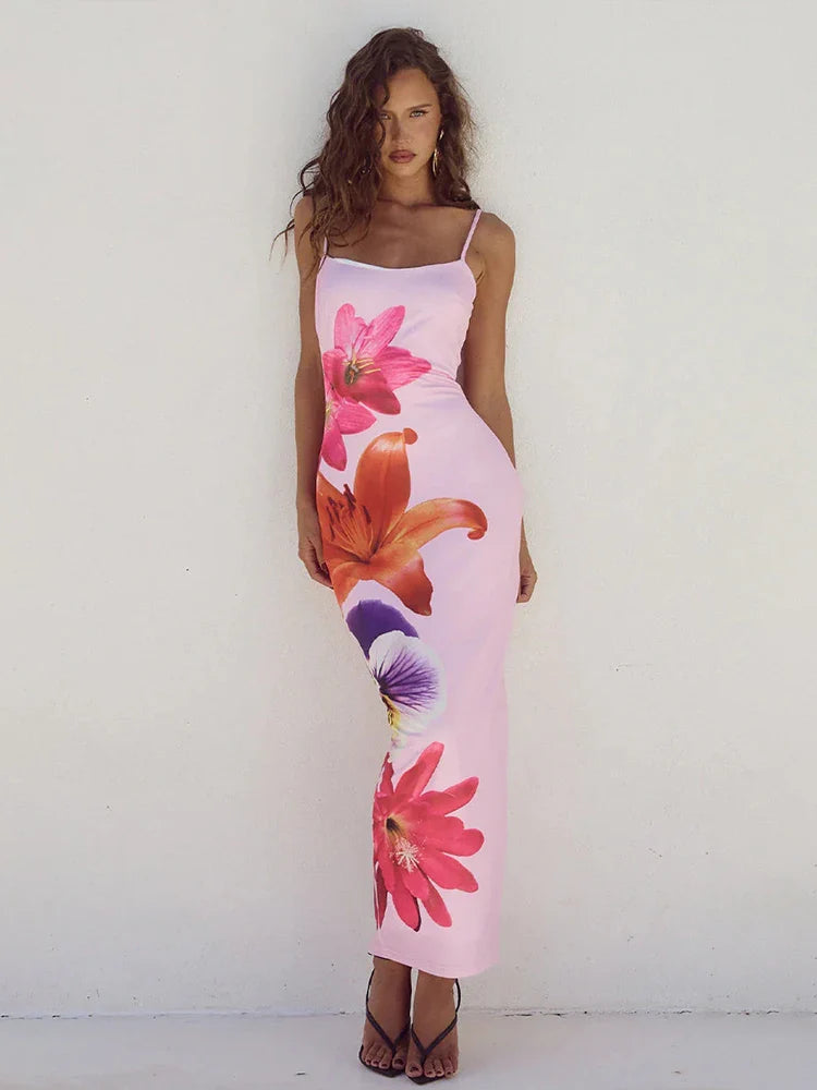 Long Flower Print Bodycon Spaghetti Strap Backless Sexy Spring Summer Maxi Dress