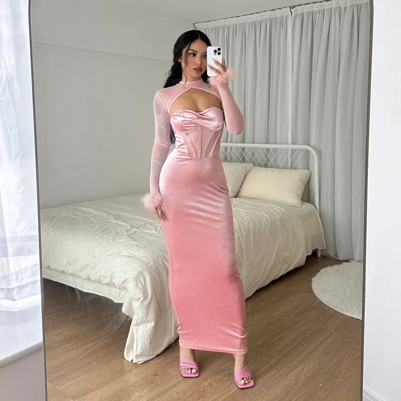 Mesh Long Sleeve Autumn Winter Long Sexy Elegant Slim Bodycon Midi Dress