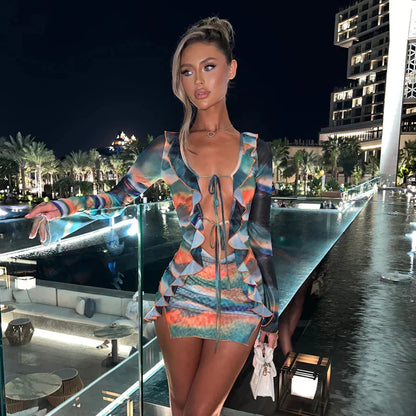 Mesh Hollow Out Transparent Spring Summer Ruffles Nightclub Party Bodycon Mini Dress