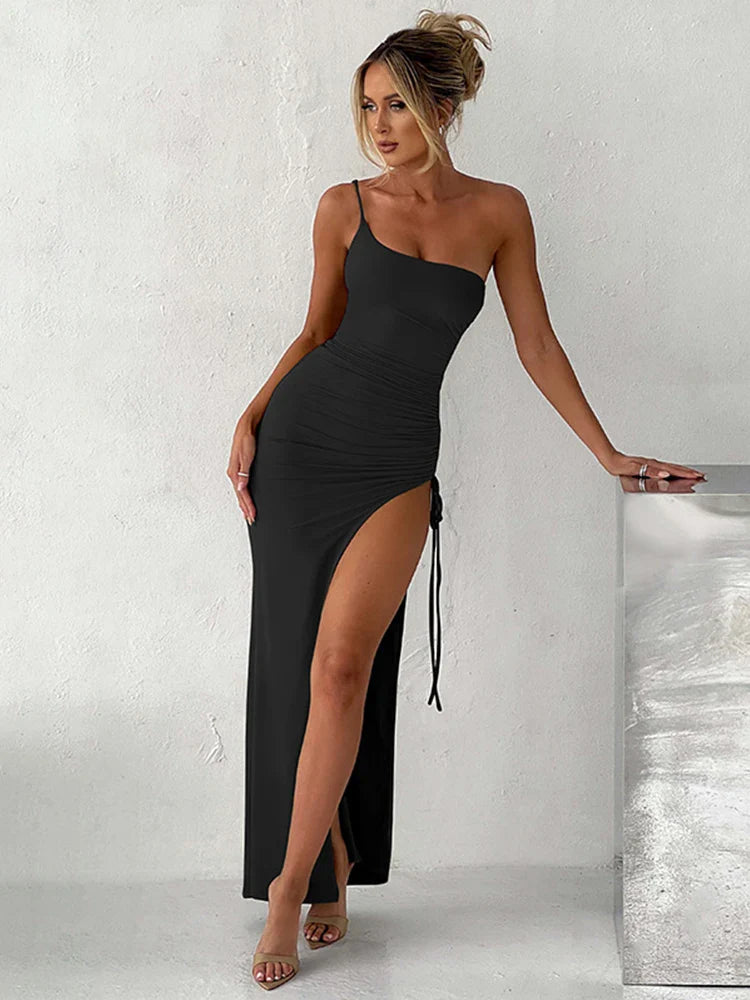 One Shoulder Elegant Long High Split Party Drawstring Slim Summer Maxi Dress