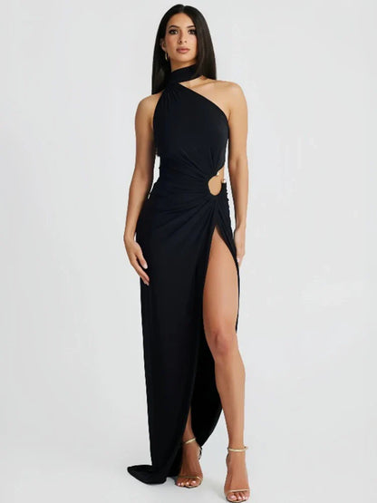 One Shoulder Elegant Long High Split Halter Backless Spring Summer Maxi Dress