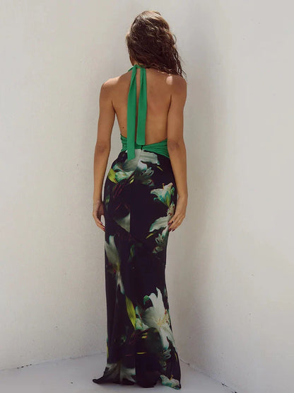 Patchwork Print Slim Bodycon Long Halter Backless Sexy Summer Maxi Dress