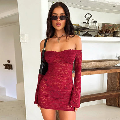 Perspective Lace Party Off Shoulder Autumn Winter Slim Bodycon Mini Dress