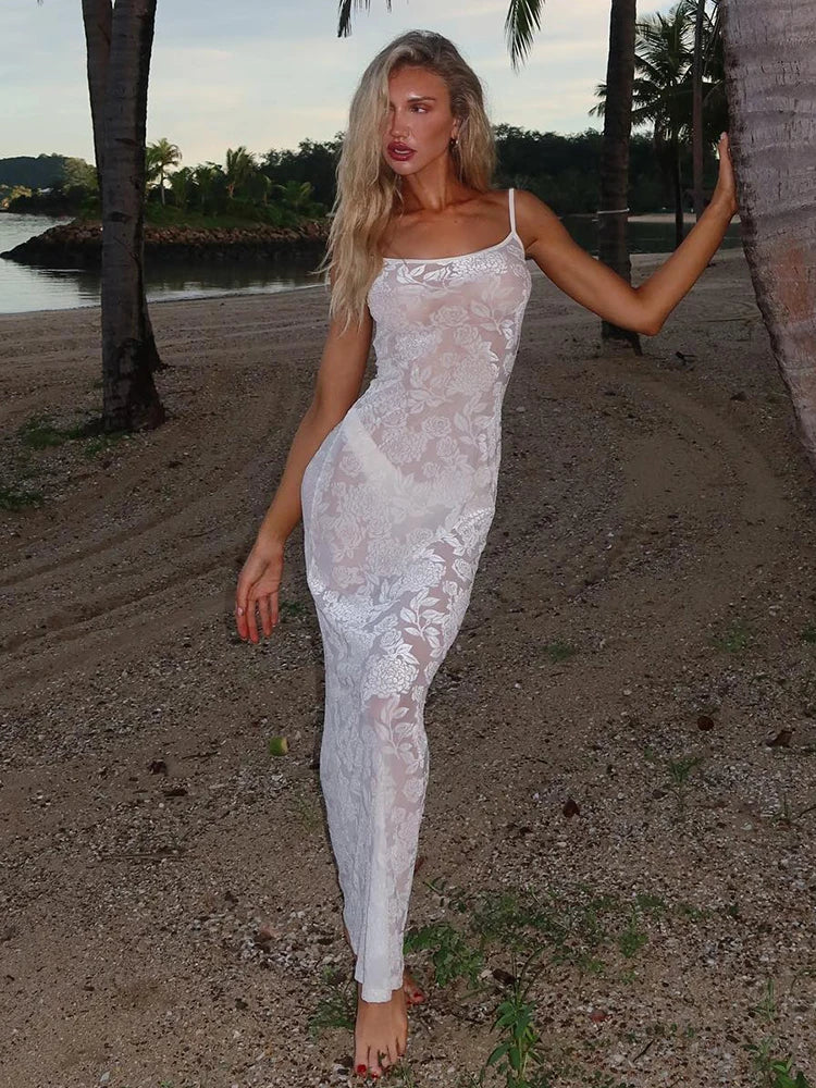 Perspective Lace Spaghetti Strap Backless Elegant Long Spring Summer Maxi Dress