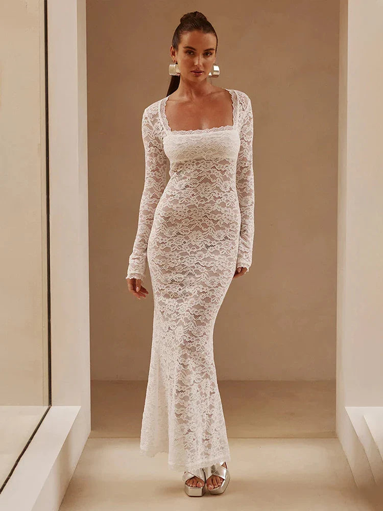 Perspective Lace Slim Bodycon Long Nightclub Sexy Autumn Winter Maxi Dress