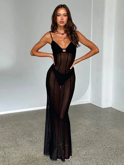 Perspective Mesh Spaghetti Strap Slim Bodycon Elegant Long Spring Summer Maxi Dress