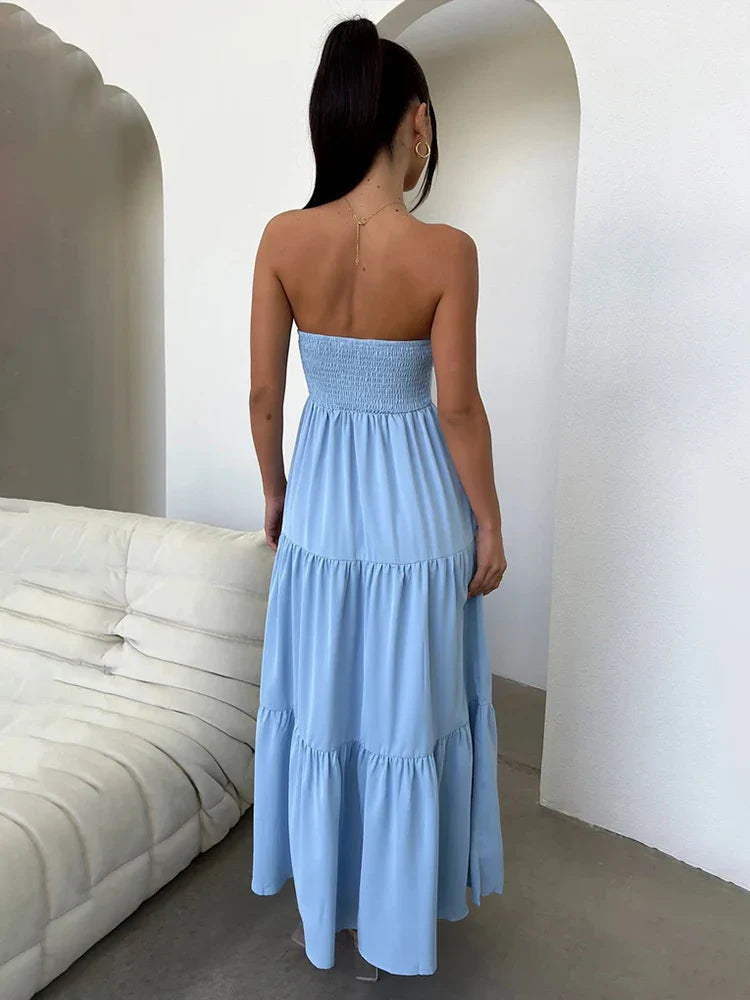 Pleated A-line Long Off Shoulder Nightclub Sexy Spring Summer Maxi Dress