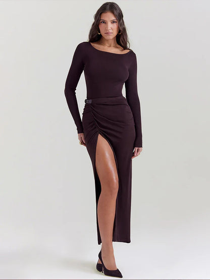 Pleated Elegant Long High Split Backless Nightclub Autumn Winter Maxi Dress