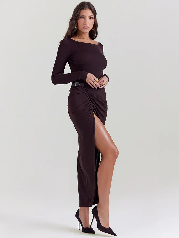 Pleated Elegant Long High Split Backless Nightclub Autumn Winter Maxi Dress