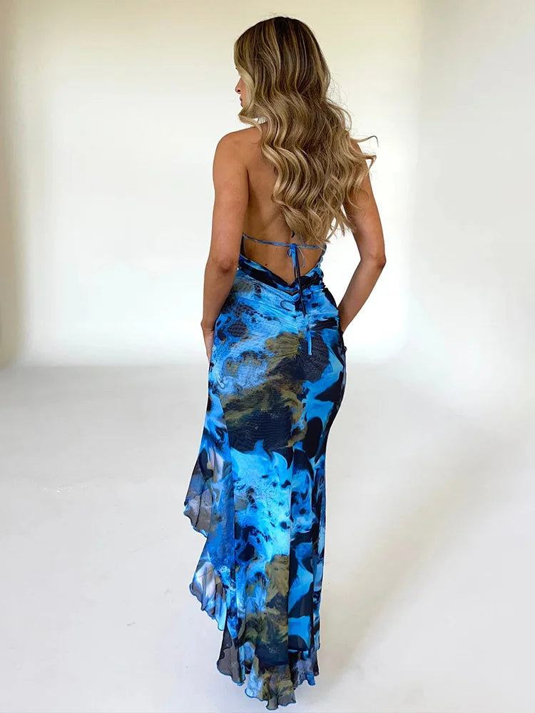 Print Lace Patchwork Halter Backless Summer Split Ruffles Elegant Midi Dress