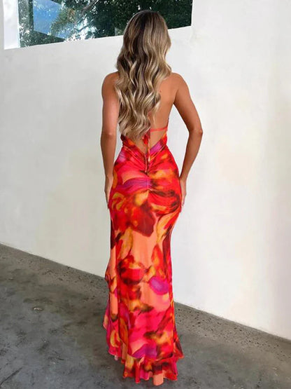 Lace Ruffles Halter High Split Backless Summer Maxi Dress