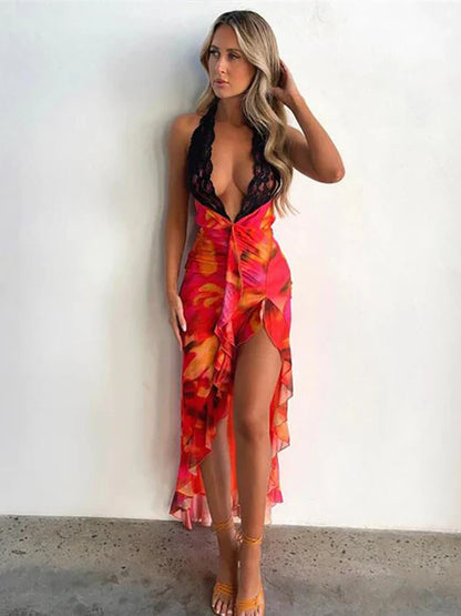 Lace Ruffles Halter High Split Backless Summer Maxi Dress