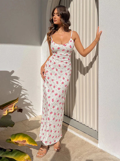 Print Spaghetti Strap Slim Bodycon Backless Nightclub Sexy Spring Summer Maxi Dress