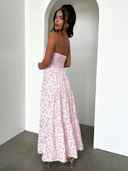 Print Pleated A-line Long Off Shoulder Backless Nightclub Spring Summer Maxi Dress