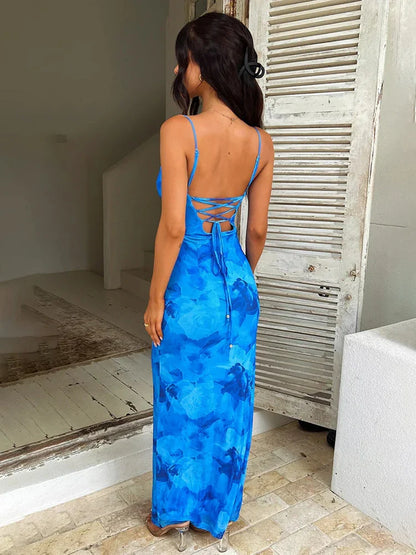 Print Bodycon Long Spaghetti Strap Backless Sexy Spring Summer Maxi Dress