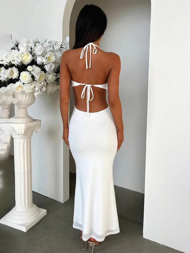 Ruffles Halter Nightclub Backless Slim Bodycon Long Elegant Summer Maxi Dress