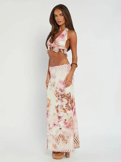 Sexy Party Printed Halter-neck Crop-top 2 Piece Dress