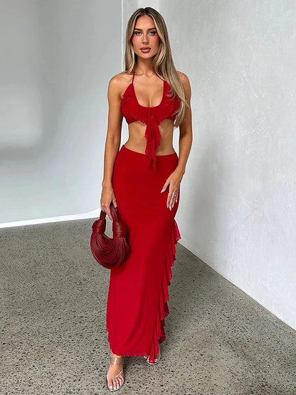 Sexy Party Ruffled Halter-neck Crop-top 2 Piece Dress