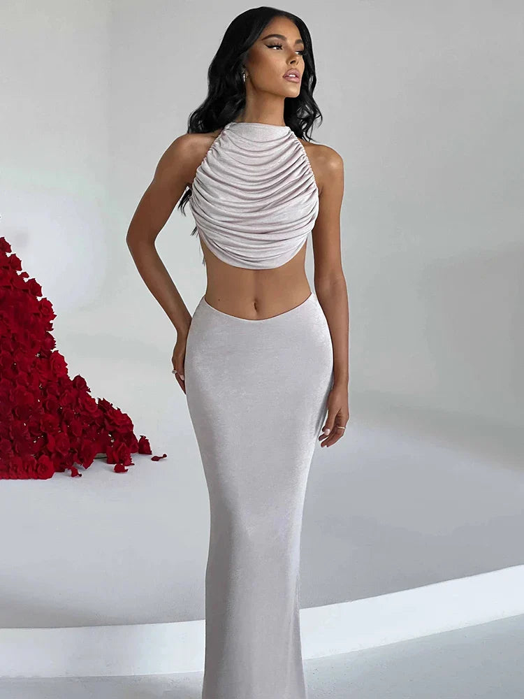 Sexy Party Halter Crop Top Maxi Skirts Bodycon Summer 2 Piece Dress