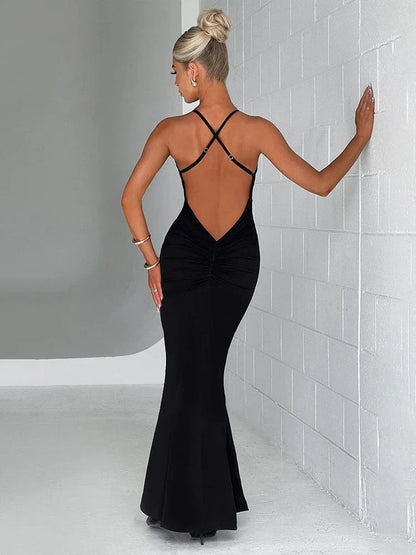 Slim Bodycon Long Deep V Neck Backless Nightclub Sexy Spring Summer Maxi Dress