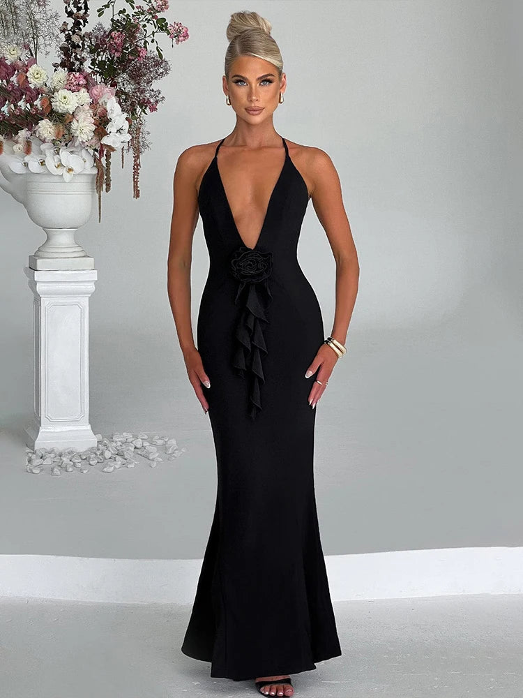 Slim Bodycon Long Deep V Neck Backless Nightclub Sexy Spring Summer Maxi Dress