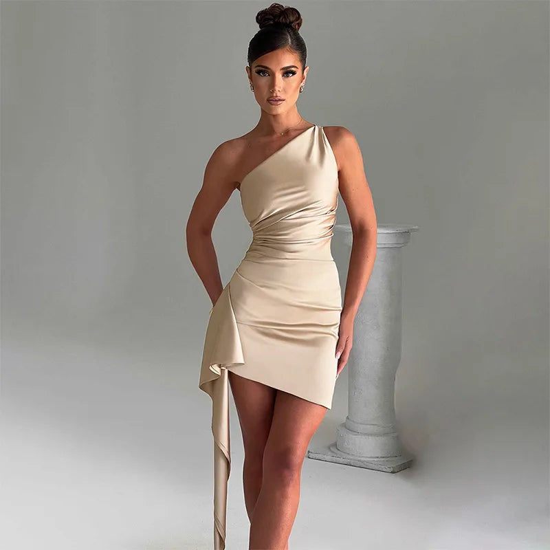 Streamer Pleated Bodycon One Shoulder Summer Nightclub Sexy Mini Dress