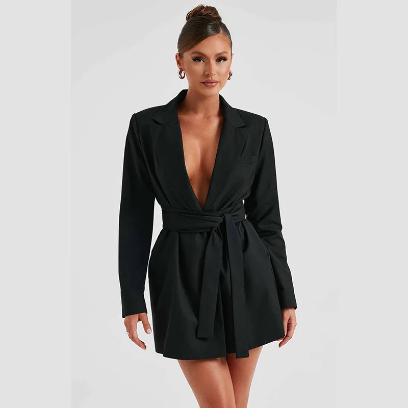 Temperament Bandage Casual Suit Autumn Winter V Neck Sexy Party Mini Dress