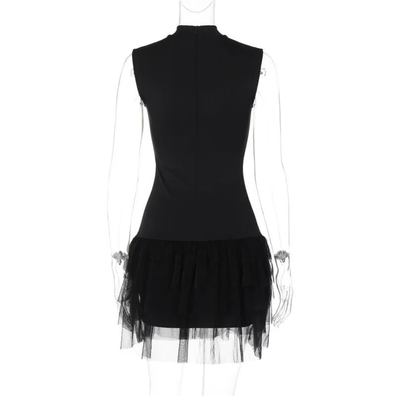 Waist Wrap A-line Mesh Patchwork Ball Gown Spring Summer Sexy Party Mini Dress