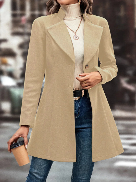 Trendy Women Autumn Winter New Style Temperament Solid Color Long Sleeved Lapel Coat