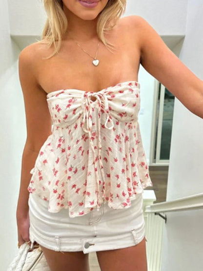 Print Off Shoulder Strapless Bandeau Streetwear Crop Floral Top