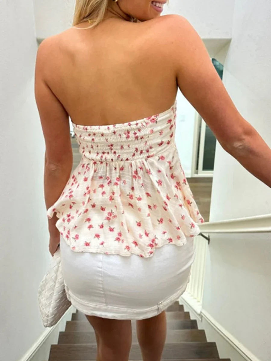 Print Off Shoulder Strapless Bandeau Streetwear Crop Floral Top